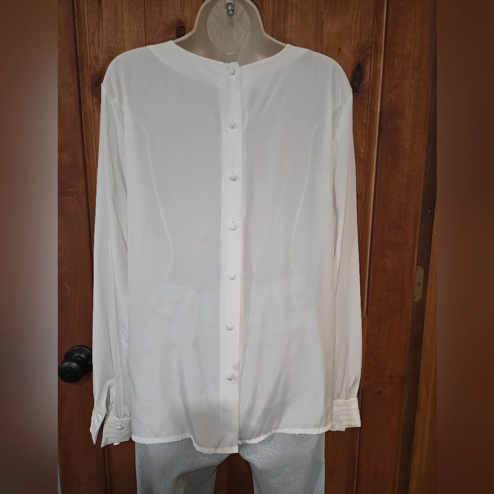 Vintage NICOLA White‎ Pleated-Front Long Sleeve Blouse